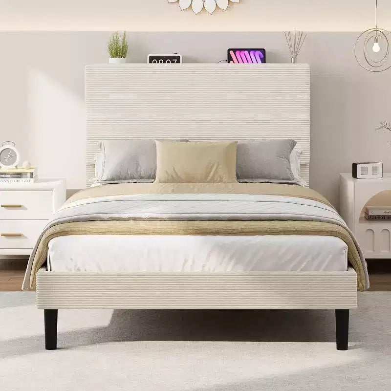 Corduroy Upholstered Platform Bed Frame with Charging Station Headboard