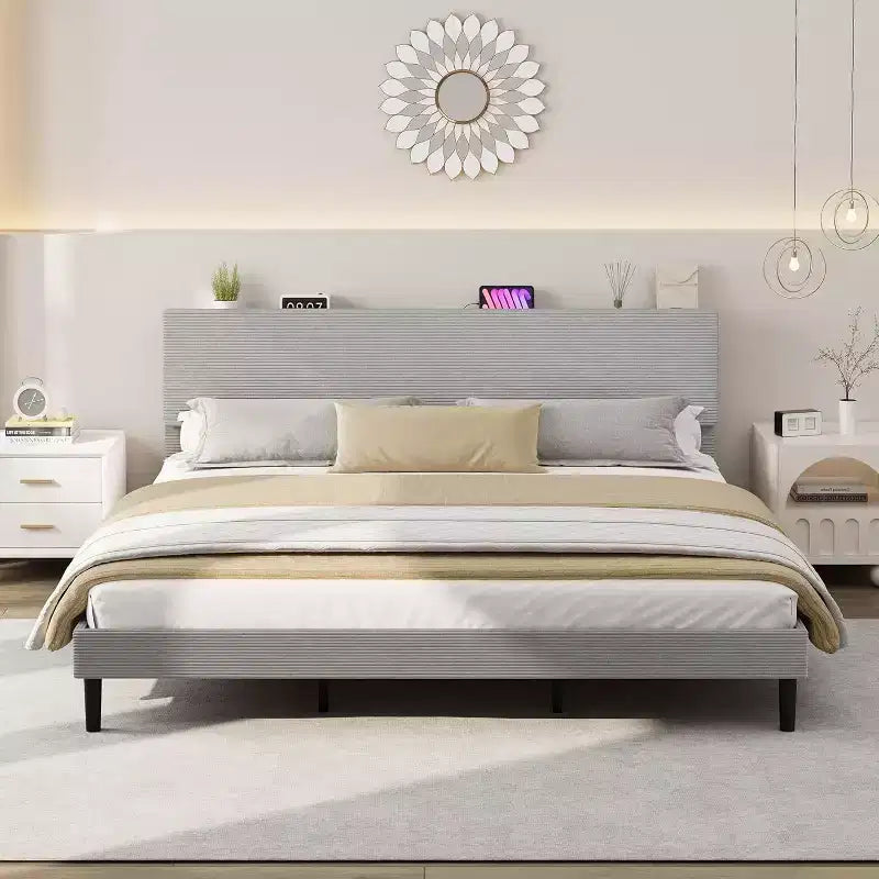 Corduroy Upholstered Platform Bed Frame with Charging Station Headboard