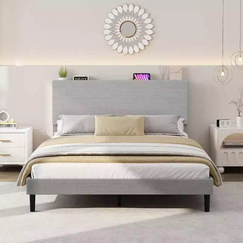 Corduroy Upholstered Platform Bed Frame with Charging Station Headboard