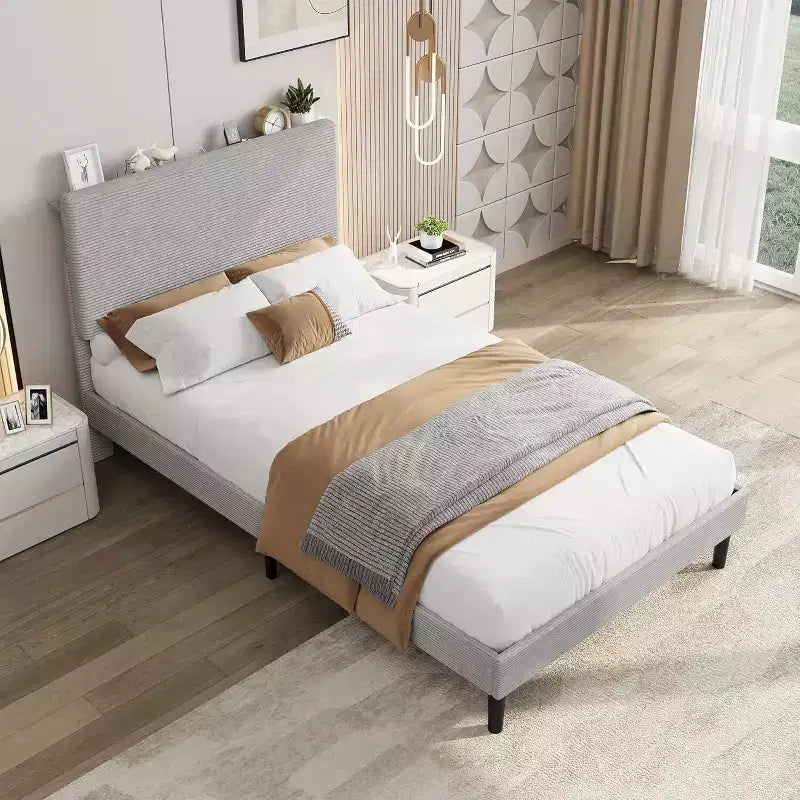 Corduroy Upholstered Platform Bed Frame with Charging Station Headboard