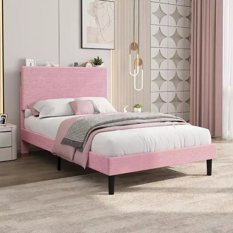 Corduroy Upholstered Platform Bed Frame with Charging Station Headboard