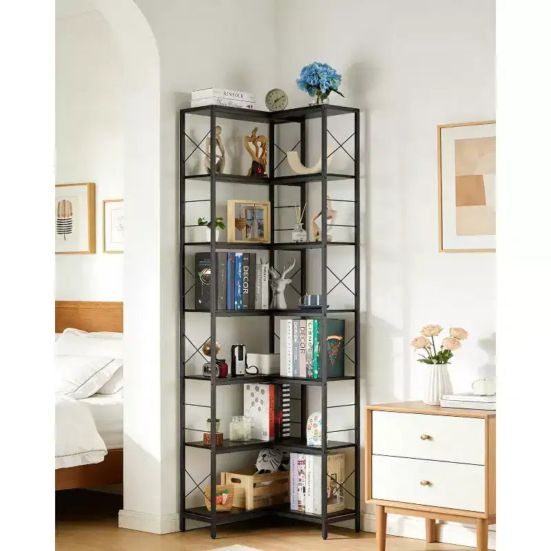 7-Tier Industrial Corner Bookshelf with Wood and Metal Frame