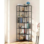 7 Tier Industrial Corner Bookshelf, Wood & Metal Frame, Large Freestanding Display Bookcase for Living Room, Kitchen, Home Office