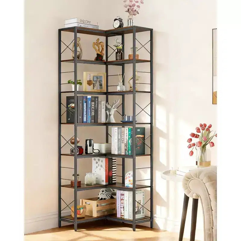 7-Tier Industrial Corner Bookshelf with Wood and Metal Frame