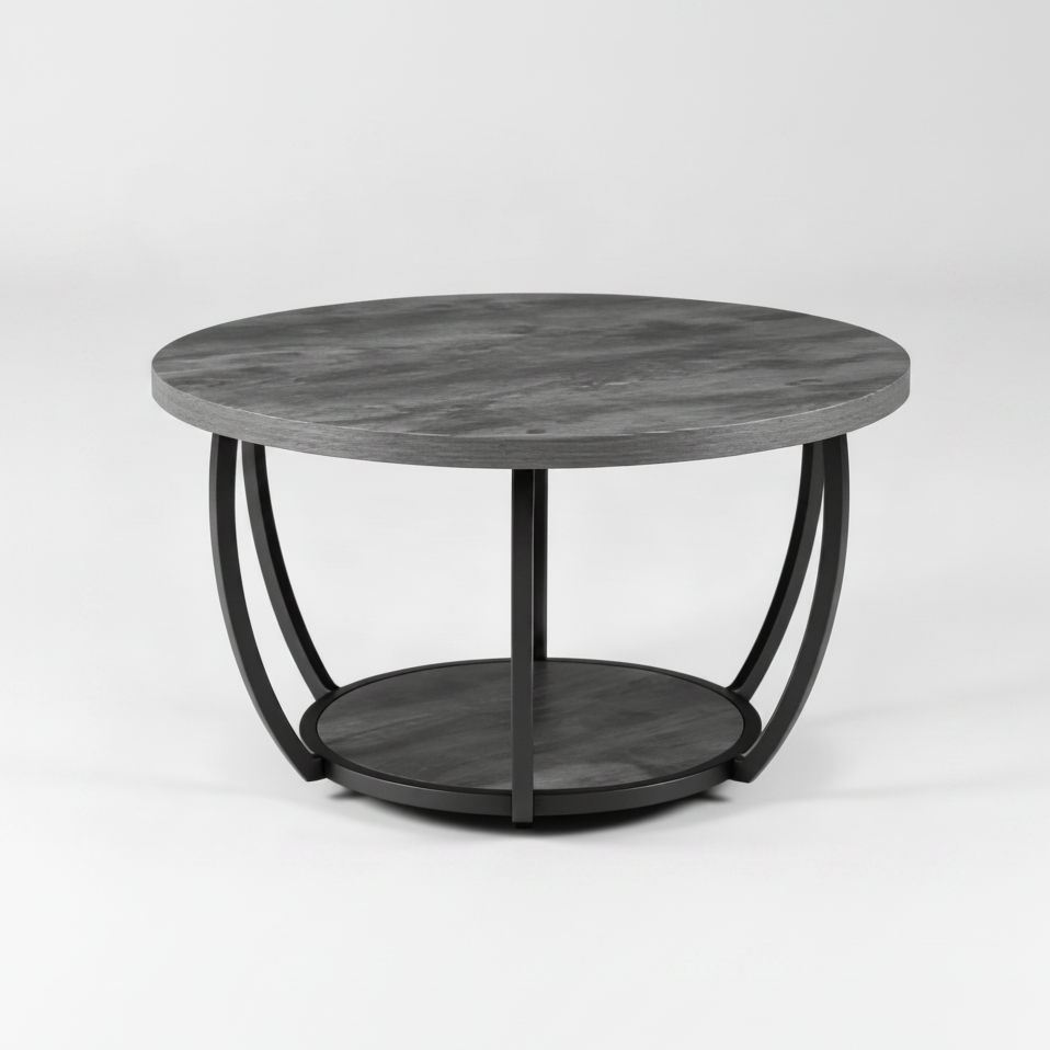 Modern Round 2-Tier Coffee Table with Open Storage and Metal Frame