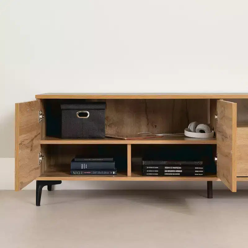 TV Stand for TVs up to 60 Inches with Doors, Drawer, and Cable Management in Nordic Oak