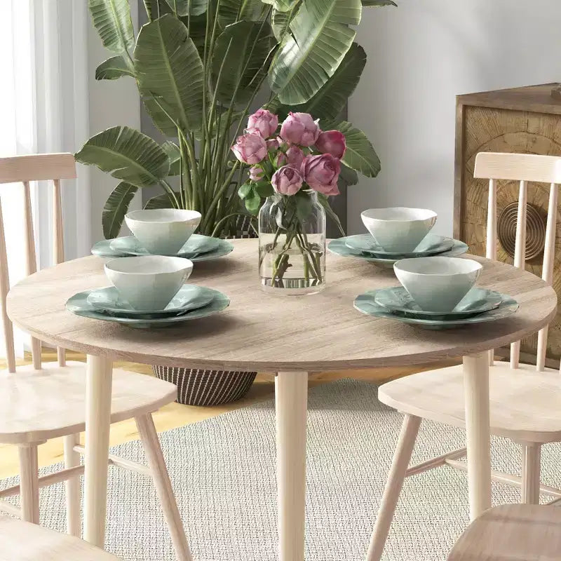 Folding Round Dining Table with Drop Leaf and Wooden Legs for Small Spaces