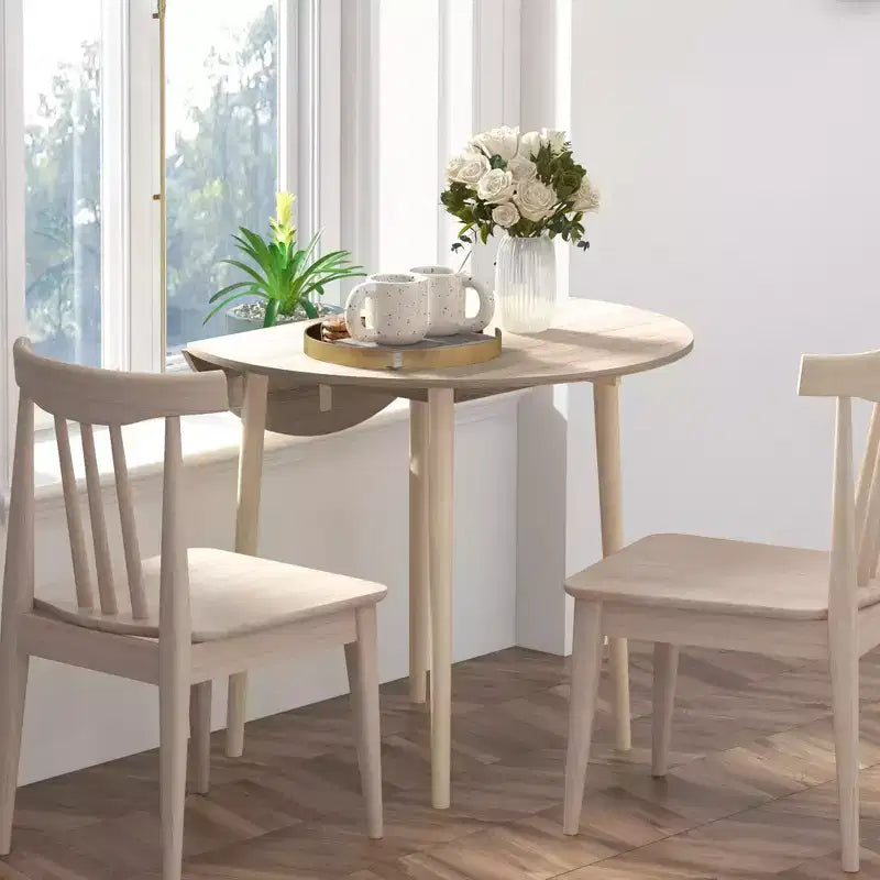 Folding Round Dining Table with Drop Leaf and Wooden Legs for Small Spaces
