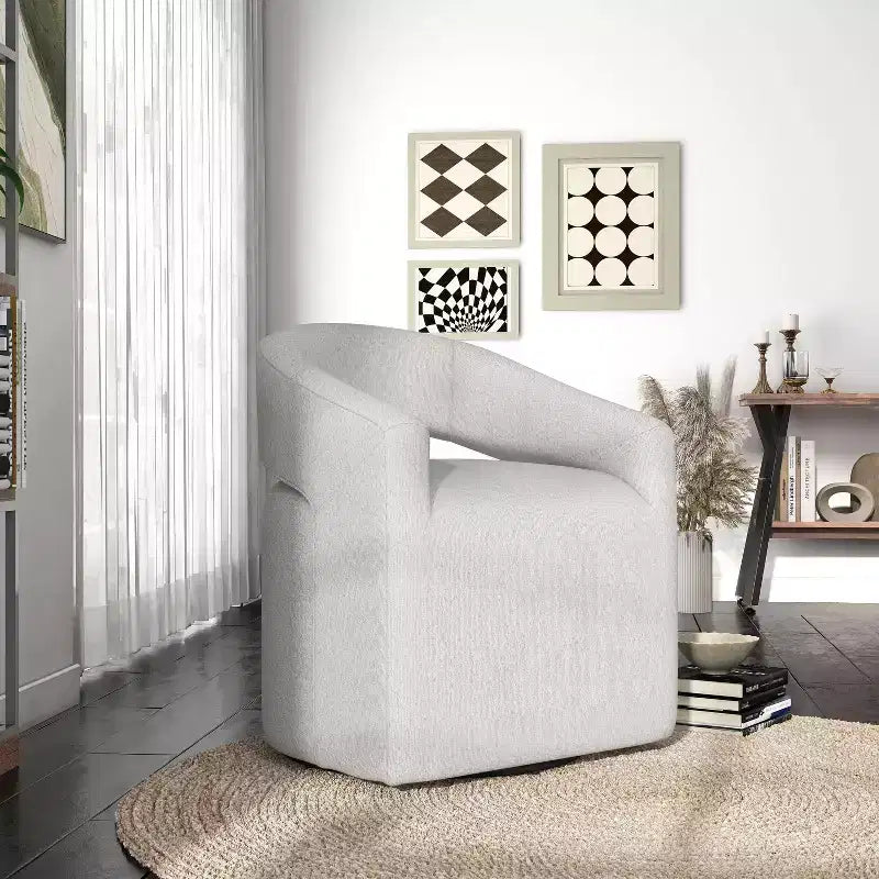 Modern Boucle Upholstered Swivel Barrel Chair with Open Back