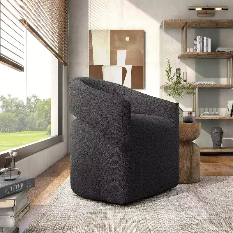 Modern Boucle Upholstered Swivel Barrel Chair with Open Back