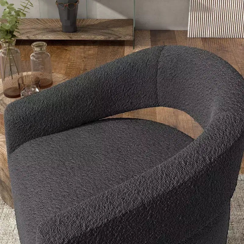 Modern Boucle Upholstered Swivel Barrel Chair with Open Back