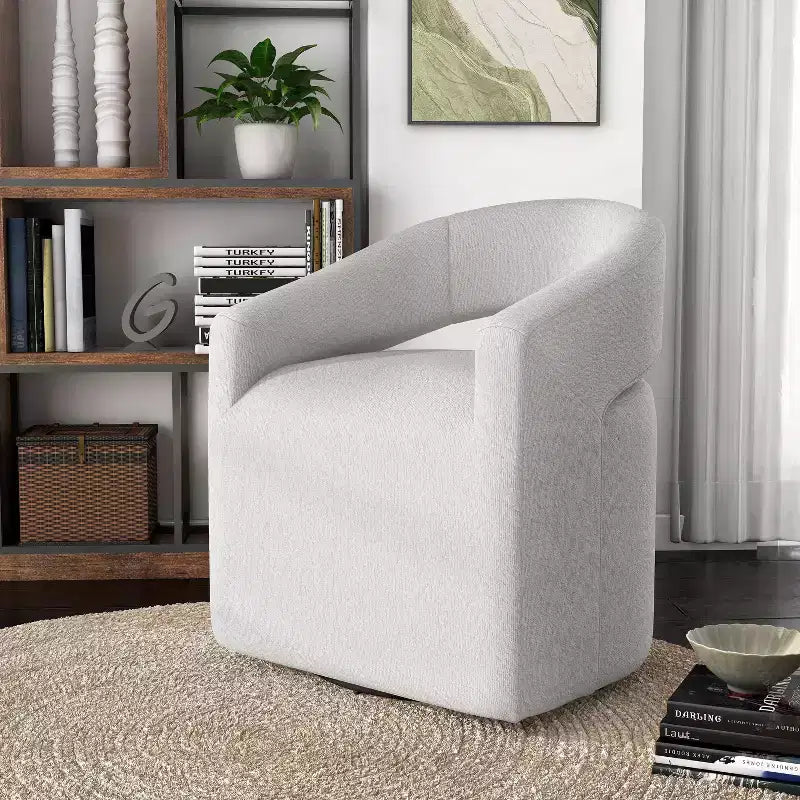 Modern Boucle Upholstered Swivel Barrel Chair with Open Back