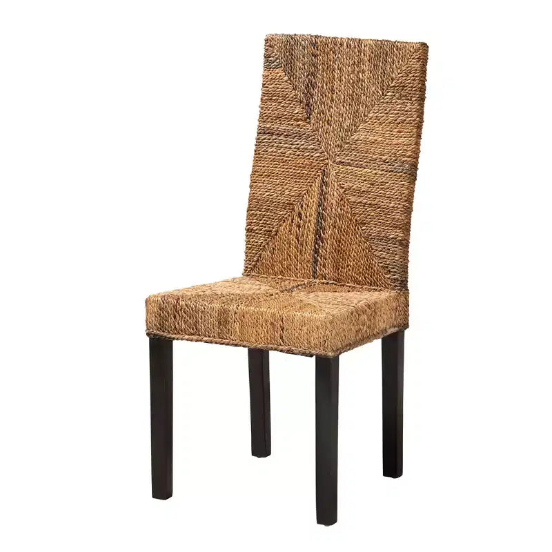 Modern Bohemian Dark Brown Mahogany Wood and Seagrass Dining Chair