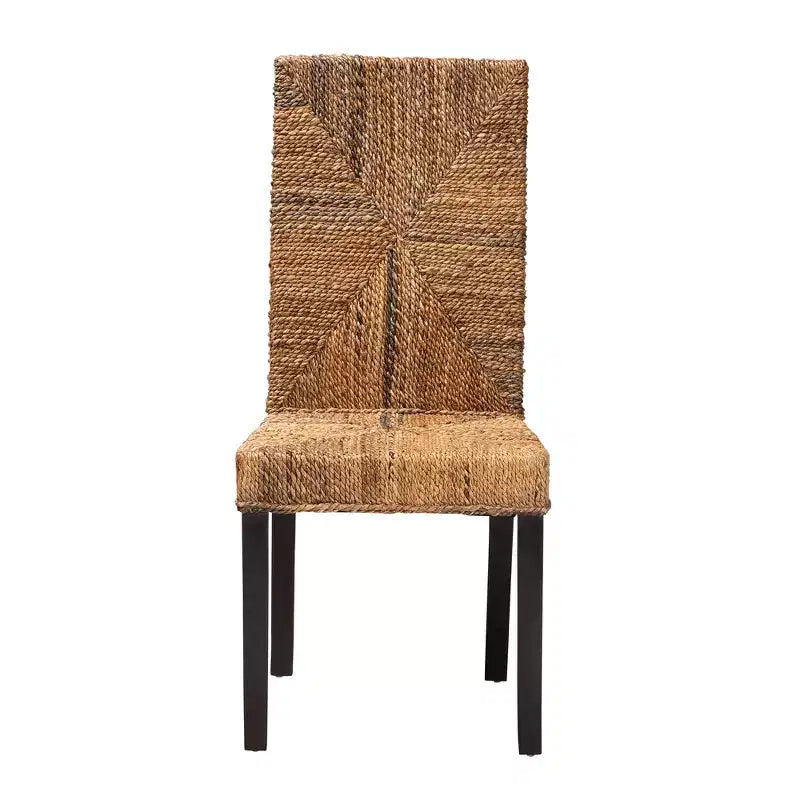 Modern Bohemian Dark Brown Mahogany Wood and Seagrass Dining Chair