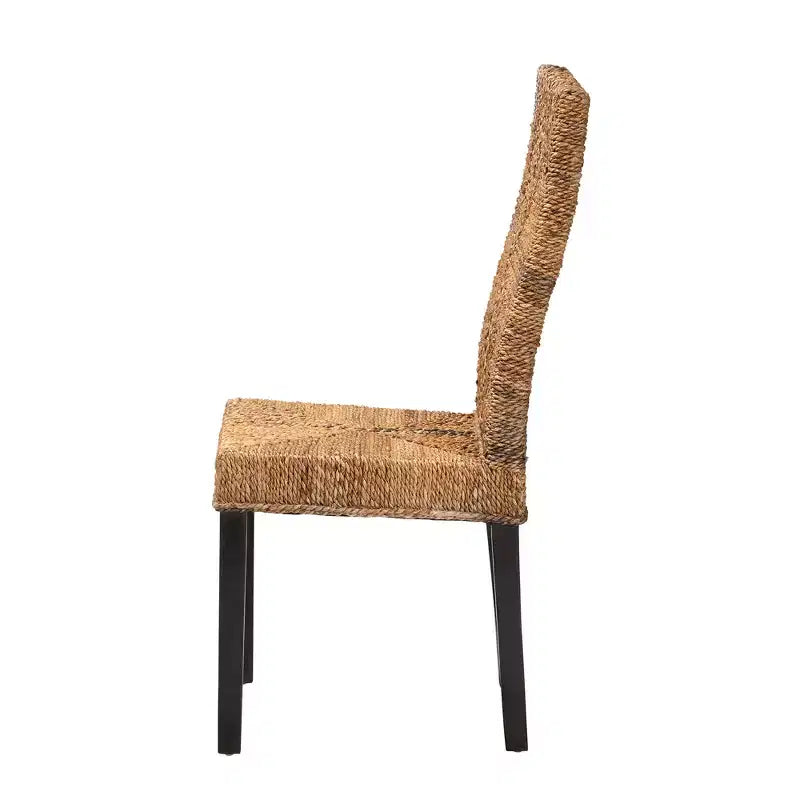 Modern Bohemian Dark Brown Mahogany Wood and Seagrass Dining Chair