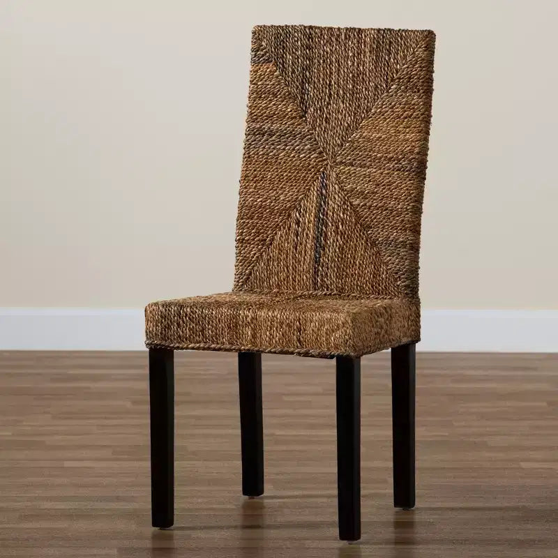 Modern Bohemian Dark Brown Mahogany Wood and Seagrass Dining Chair